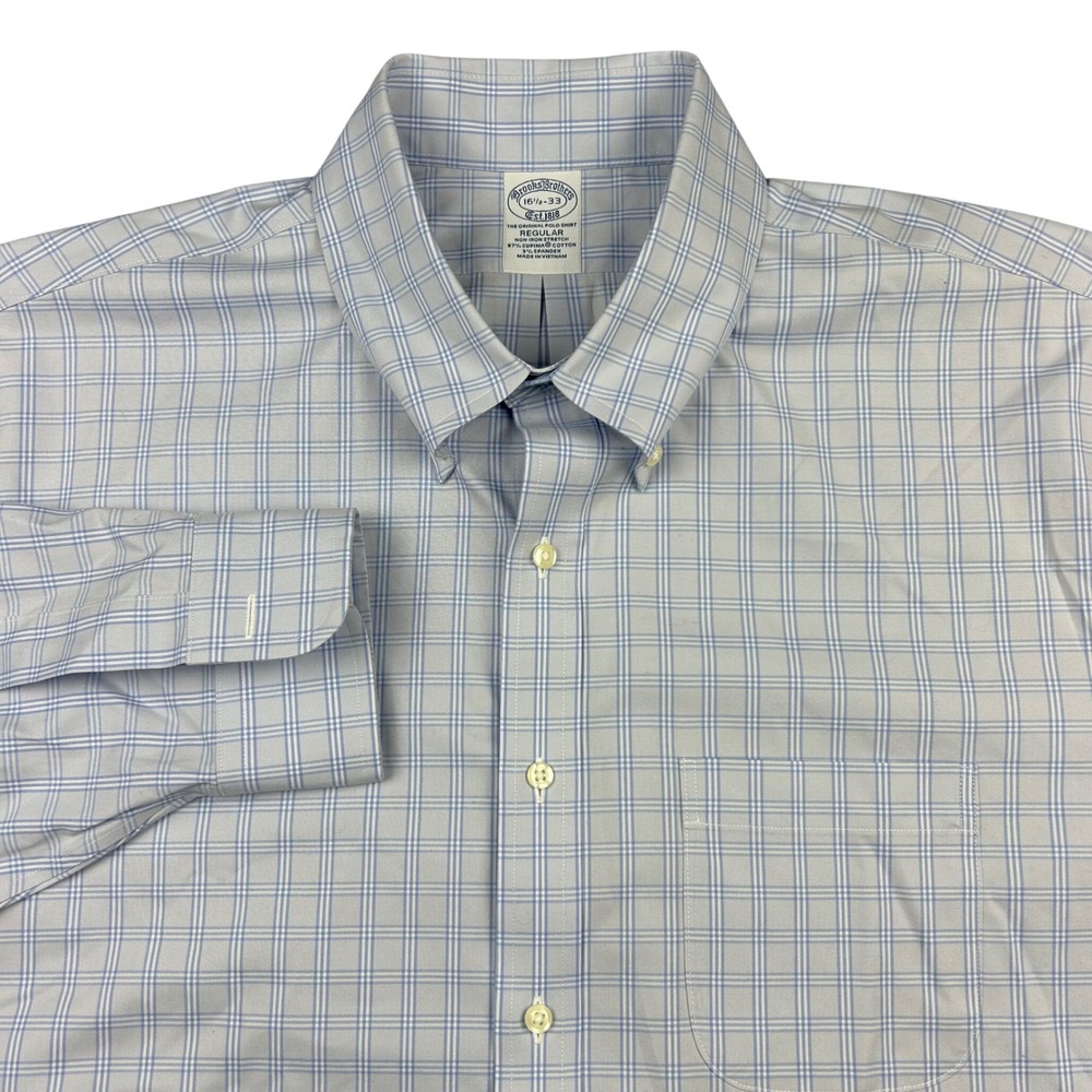 Brooks Brothers Shirt Mens 16.5-33 Blue Check Regular Non-Iron Stretch Supima